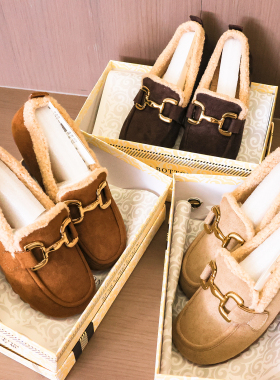 勃肯鞋女加绒加厚冬季2025新款毛毛鞋软底豆豆鞋一脚蹬乐福鞋Q109