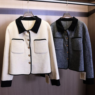 小个子女装 长袖 毛呢外套B102 新款 撞色拼接双面绒对称口袋2025冬季