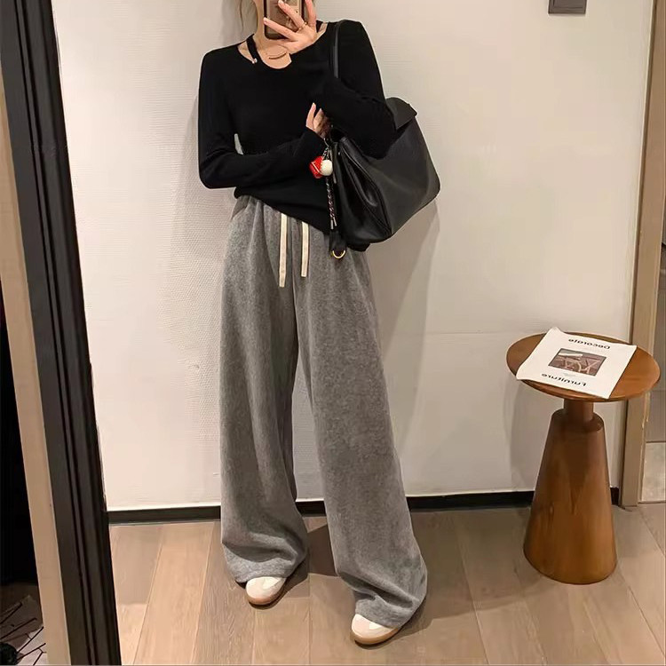 毛巾裤女2024冬新款垂感休闲显瘦直筒休闲女士长裤系带阔腿裤H637 - 小青外贸 小青家 原单 女装 优质出品