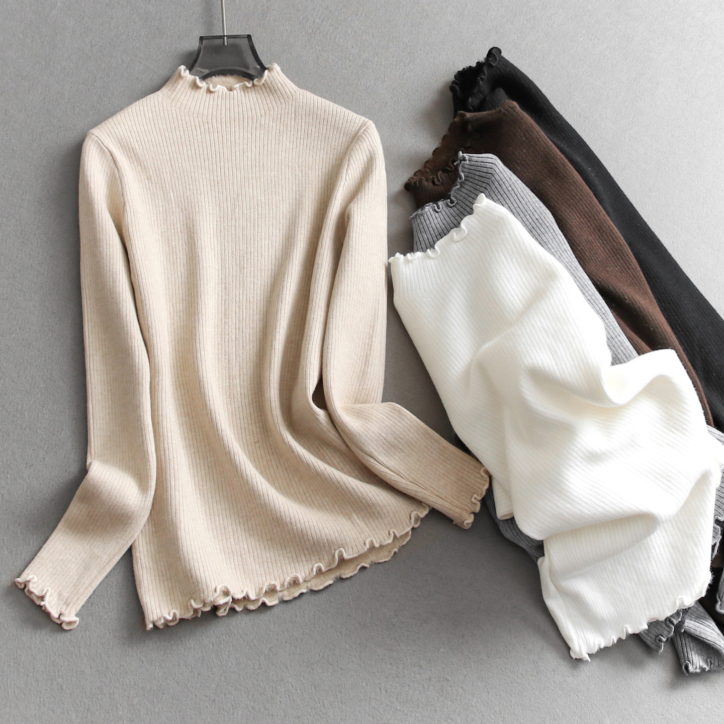 木耳边半高领内搭毛衣女针织衫