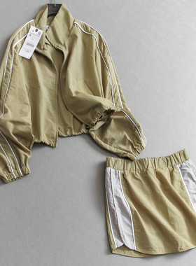 撞色条纹超宽松翻领长袖外套可配一整套穿搭半身短裙女套装B537