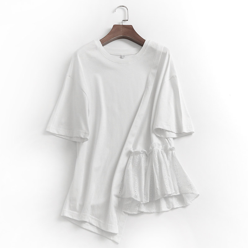 k561纯色显瘦镂空拼接不规则夏季新款2023短袖减龄百搭女休闲t恤