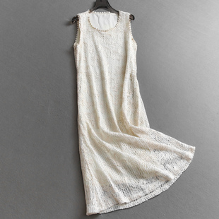 纯色重工钩花直筒a字鱼尾裙2025夏季 显瘦女背心裙连衣裙C673 新款