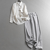 亚麻条纹宽松显瘦翻领长袖 V309 套装 女衬衫 可配一整套阔腿牛仔裤