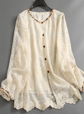 重工刺绣圆领串珠网纱衬衫2025春季新款长袖时尚女蕾丝衫小衫L055