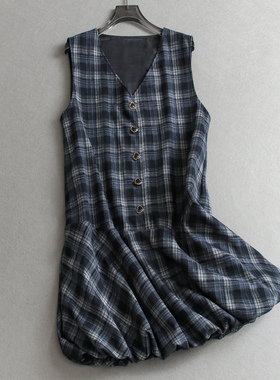 撞色格纹遮肉显瘦V领无袖背心裙叠穿短款花苞短裙女裙连衣裙M481