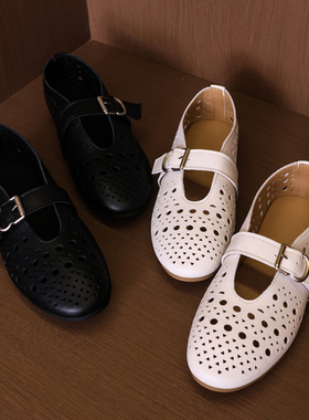 25年夏季新款真皮牛皮度假风镂空简约玛丽珍平底单鞋女洞洞鞋C359