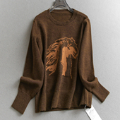 撞色马年卡通提花宽松慵懒显瘦圆领百搭毛衣长袖 减龄女针织衫 W098