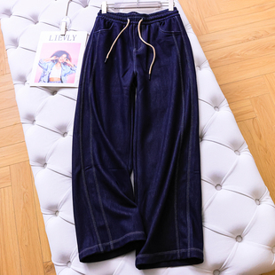 牛仔裤 女长裤 M600 阔腿裤 加厚奥粒绒抽绳松紧腰宽松显瘦显腿长窄版