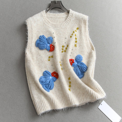 立体钩花金鱼刺绣叠穿圆领女马夹