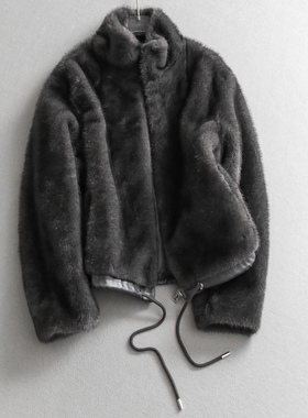 仿皮草抽绳拼皮下摆立领大衣毛绒绒加厚保暖长袖百搭女装外套M475