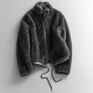 仿皮草抽绳拼皮下摆立领大衣毛绒绒加厚保暖长袖 外套M475 百搭女装