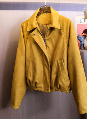复古纯色仿麂皮绒翻领插肩袖2025秋季新款飞行员夹克外套2025B746