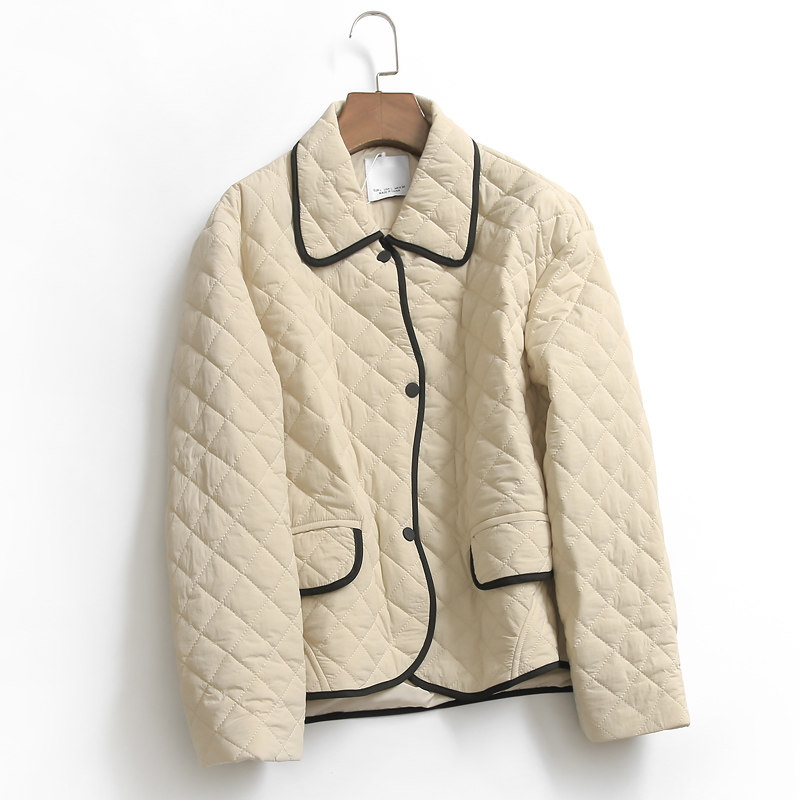 t282撞色包边绗缝翻领宽松单排扣口袋冬季新款长袖外套女棉衣棉服