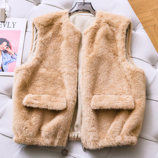 纯色软糯人造皮草效果宽松圆领拉链背心坎肩外套百搭女装 马夹M662