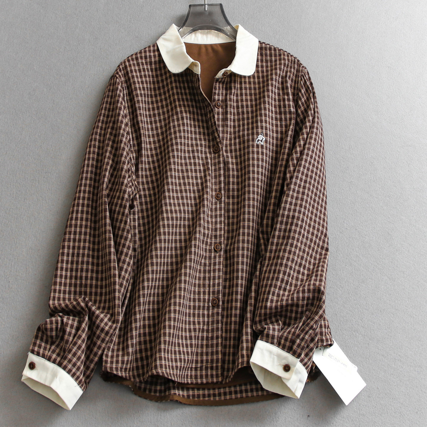 娃娃领双层加绒内里格纹长袖衬衫