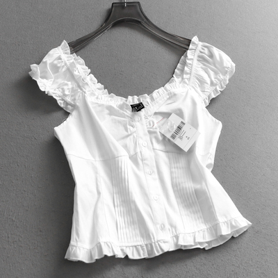 纯色法式木耳花边显瘦短袖女衬衫