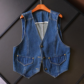 纯色复古做旧金属纽扣翻盖假口袋无袖 外搭坎肩背心女牛仔马夹X272