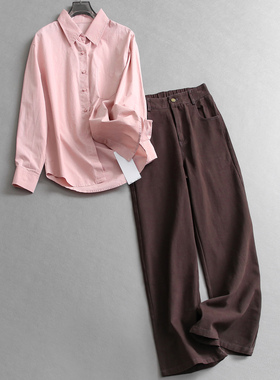 纯色宽松显瘦翻领长袖休闲女衬衫可配一整套穿搭长裤两件套装B141
