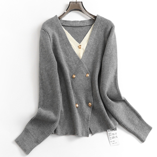毛衣 百搭女装 V746撞色假两件双排扣套头针织毛线衣春秋冬新款 长袖