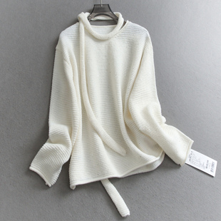 女针织衫 长袖 W229 新款 飘带荡领淑女亮片圆领宽松套头毛衣2026春季