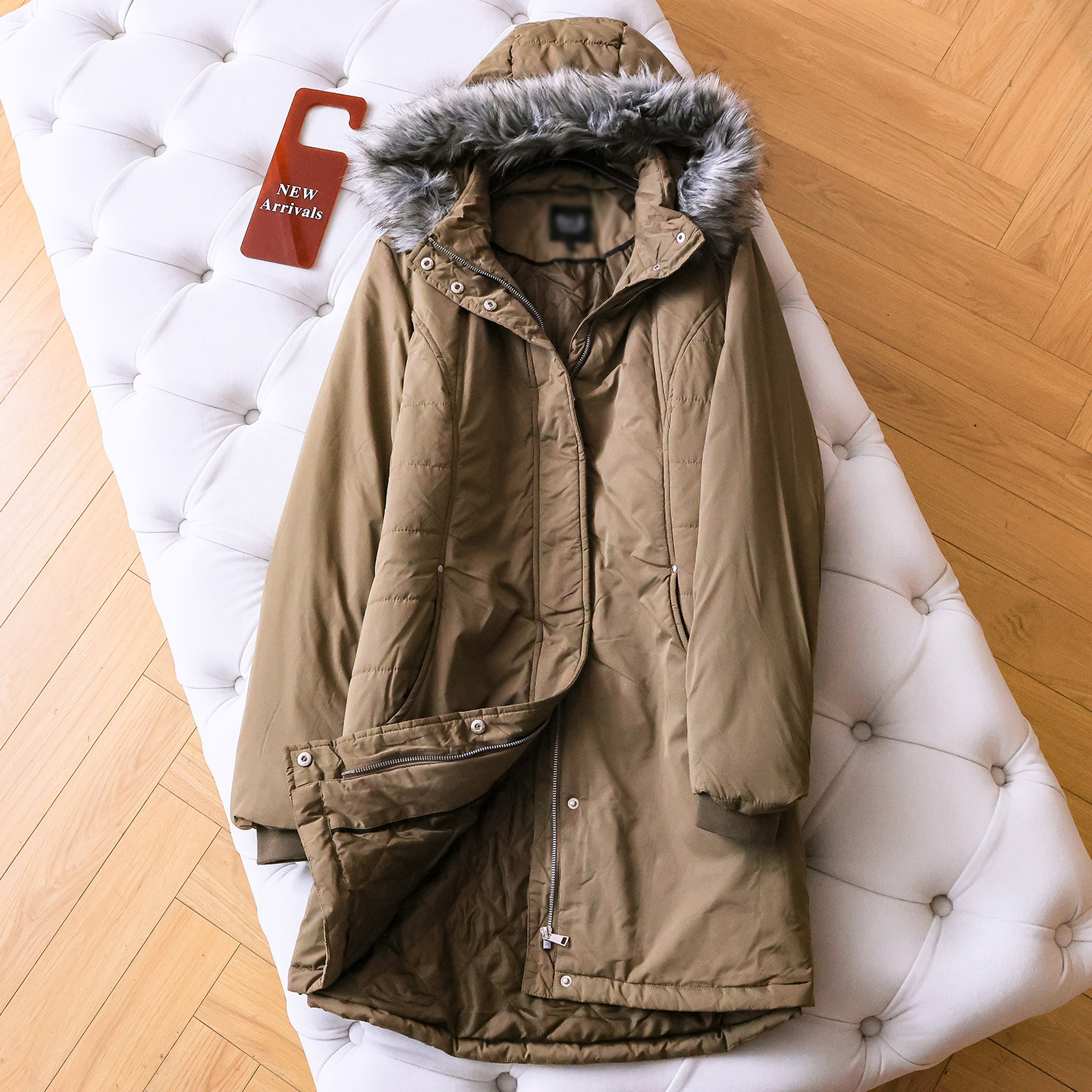 可拆卸毛领纯色连帽宽松长款棉衣