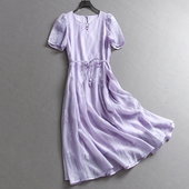泡泡袖 浅紫色系带收腰温柔巨好看2025夏季 新款 气质女裙连衣裙C331
