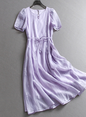 浅紫色系带收腰温柔巨好看2025夏季新款泡泡袖气质女裙连衣裙C331