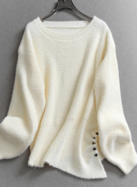 不规则下摆圆领仿水貂绒毛绒宽松套头毛衣内搭打底针织衫女M930