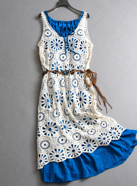 撞色镂空蕾丝两件套系带收腰圆领无袖背心裙度假风女裙连衣裙Z887