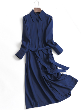 H515早春新款赫本风气质名媛女神范高级感职业深蓝色长袖连衣裙女