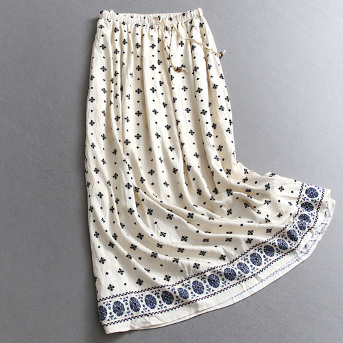 民族风印花松紧腰串珠高腰半身裙