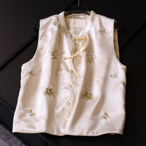 刺绣绣花缎面飘带立领宽松女马夹