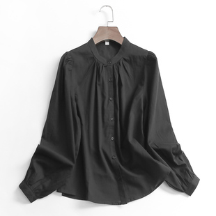 上衣女衬衫 A355纯色纯棉立领单排扣秋季 百搭时尚 2022长袖 衬衣 新款