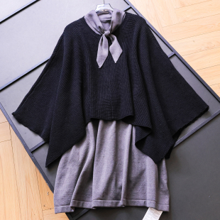 蝴蝶结领结纯色无袖 连衣裙可配一整套小狗贴布针织披肩斗篷女N801