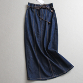 纯色复古休闲时髦后开叉系带高腰显瘦包臀裙长裙女牛仔半身裙L231