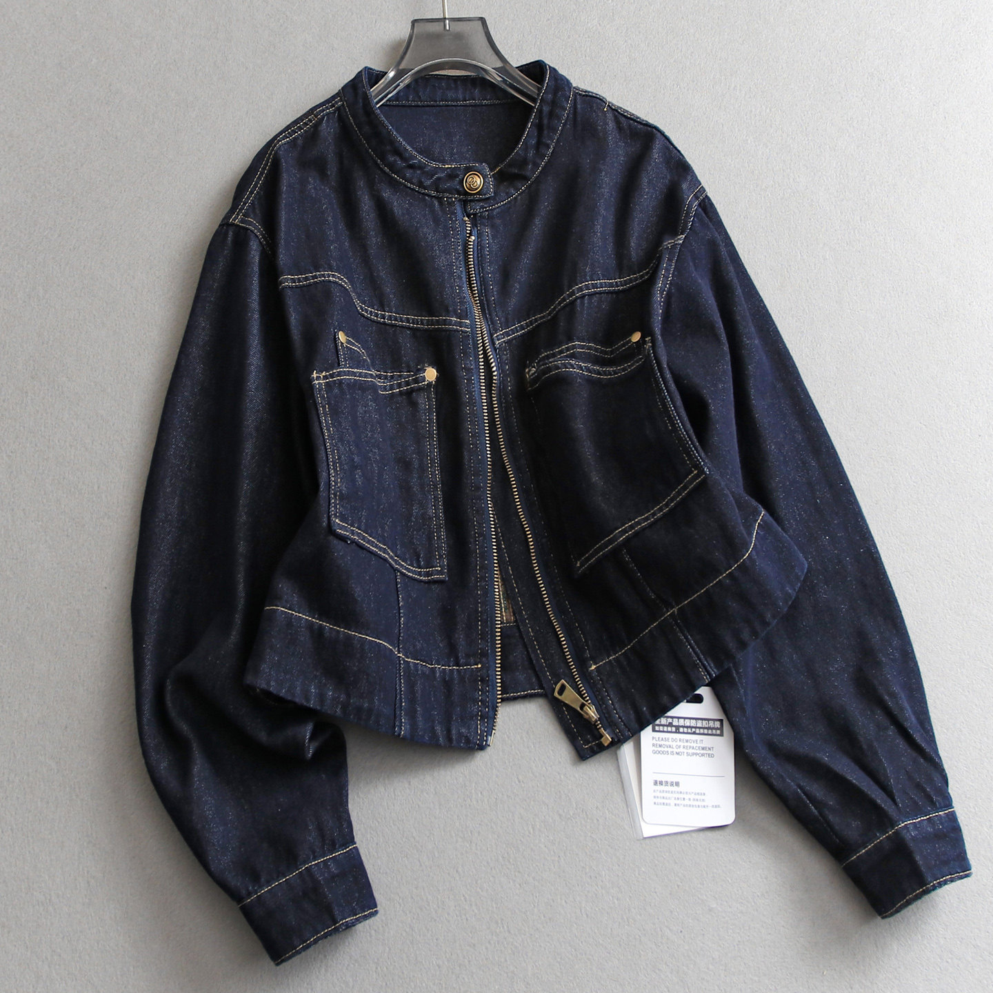 丹宁蓝色宽松圆领对称口袋女外套