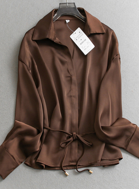 纯色丝缎质感宽松显瘦系腰带翻领2026春季新款长袖通勤女衬衫W075