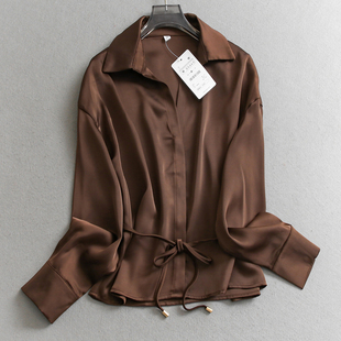 通勤女衬衫 长袖 W075 新款 纯色丝缎质感宽松显瘦系腰带翻领2026春季