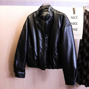 女装 长袖 皮衣B748 新款 纯色对称口袋立领宽松显瘦黑色外套2025秋季