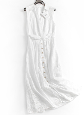 白色镂空刺绣打褶收腰修身V领衬衫裙无袖背心裙气质感连衣裙A463