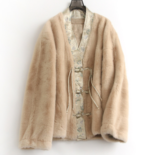 提花相拼宽松环保仿水貂绒皮毛一体新中式 外套女皮草G965 国风长袖