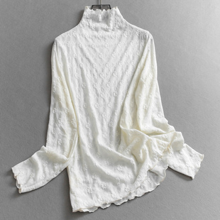 长袖 新款 女T恤B535 半高领内搭打底2025秋季 立体浮雕花朵显瘦修身