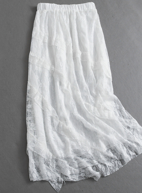 纯色松紧腰韩系仙女风a字裙长裙2025春季新款蕾丝裙女半身裙K731