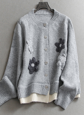 手工花朵！合身版型轻盈针织开衫圆领正肩长袖撞色衣摆女毛衣M551