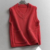 纯色宽松显瘦叠穿V领对称口袋无袖 针织毛衣坎肩女装 背心马夹Q735