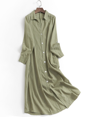 X407纯色简约翻领单排扣秋季新款2023长袖衬衫裙通勤长裙女连衣裙