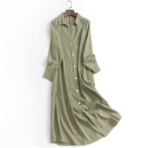 纯色衬衫裙单排扣通勤长袖连衣裙