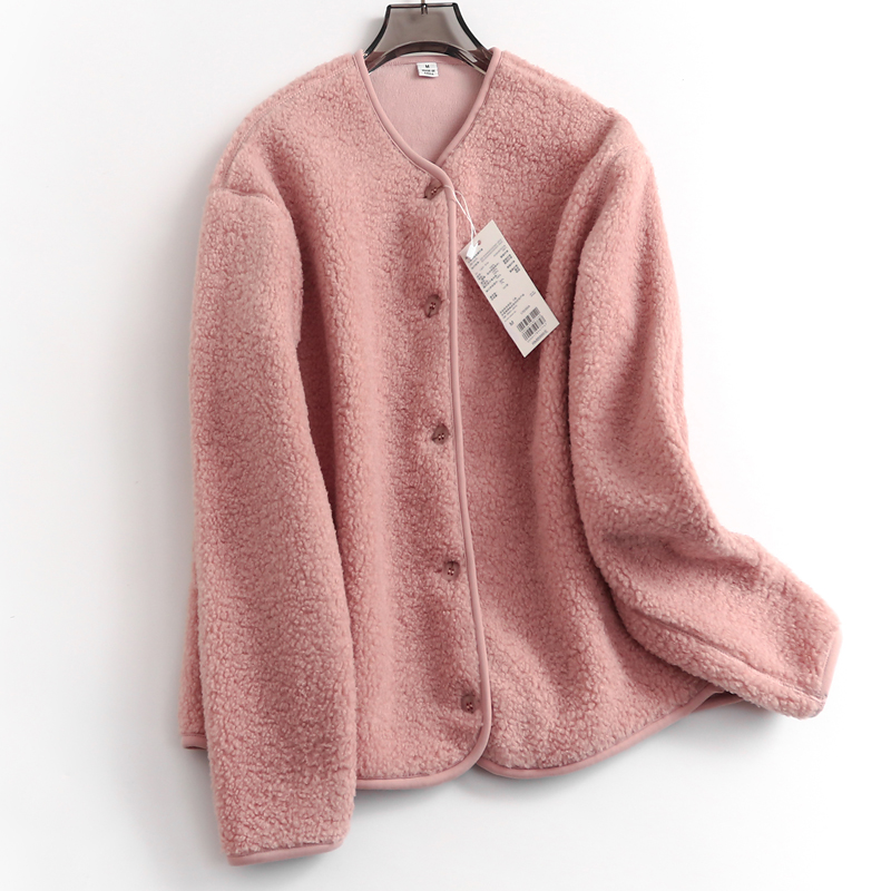 纯色双面绒显瘦圆领单排扣女外套