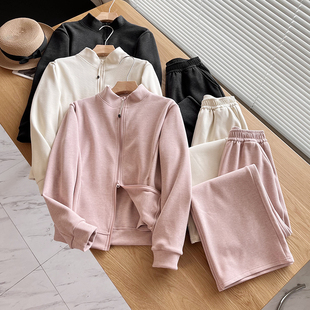 女两件套G689 一整套阔腿裤 纯色立领双面暖绒拉链长袖 休闲运动套装